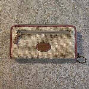 Fossil Zip Burlap Leather Wallet Polka Dot